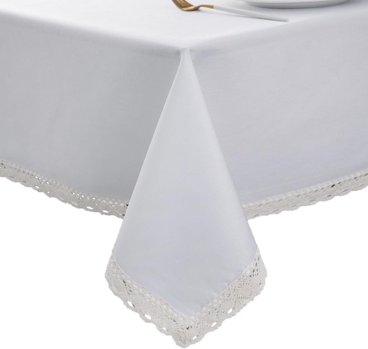 EHouseHome Faux Linen Tablecloth with Lace Trim - Waterproof/Spill Proof/Stain Resistant/Wrinkle Free/Oil Proof - for Banquet, Parties, Dinner,Kitchen,Wedding,Coffee,Holiday,Flax,Rectangle 60x84Inch