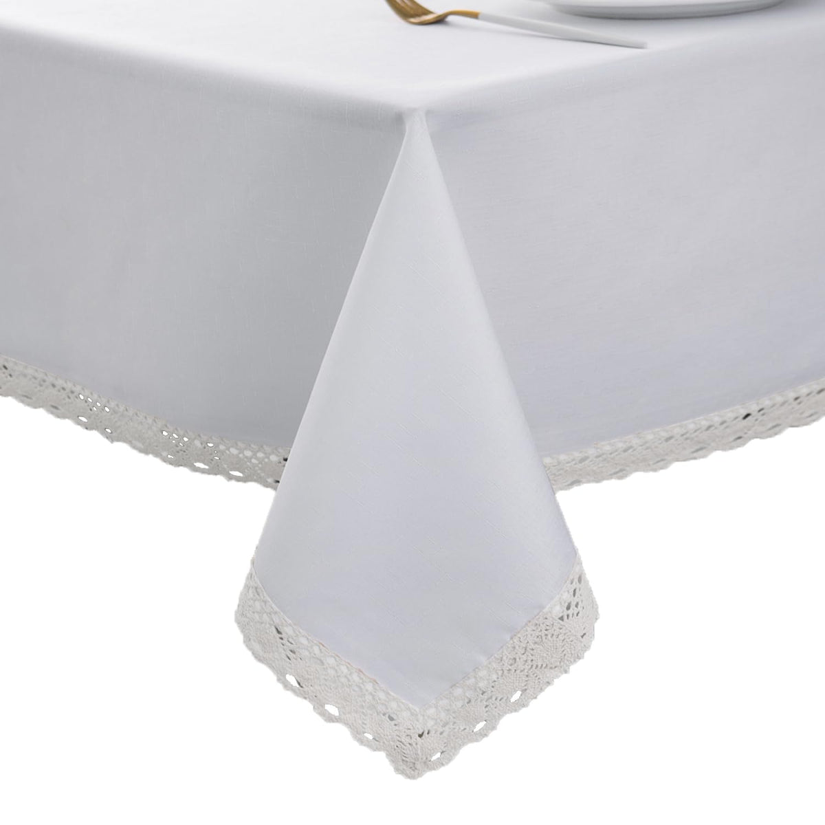 EHouseHome Faux Linen Tablecloth with Lace Trim - Waterproof/Spill Proof/Stain Resistant/Wrinkle Free/Oil Proof - for Banquet, Parties, Dinner,Kitchen,Wedding,Coffee,Holiday,Flax,Rectangle 60x84Inch