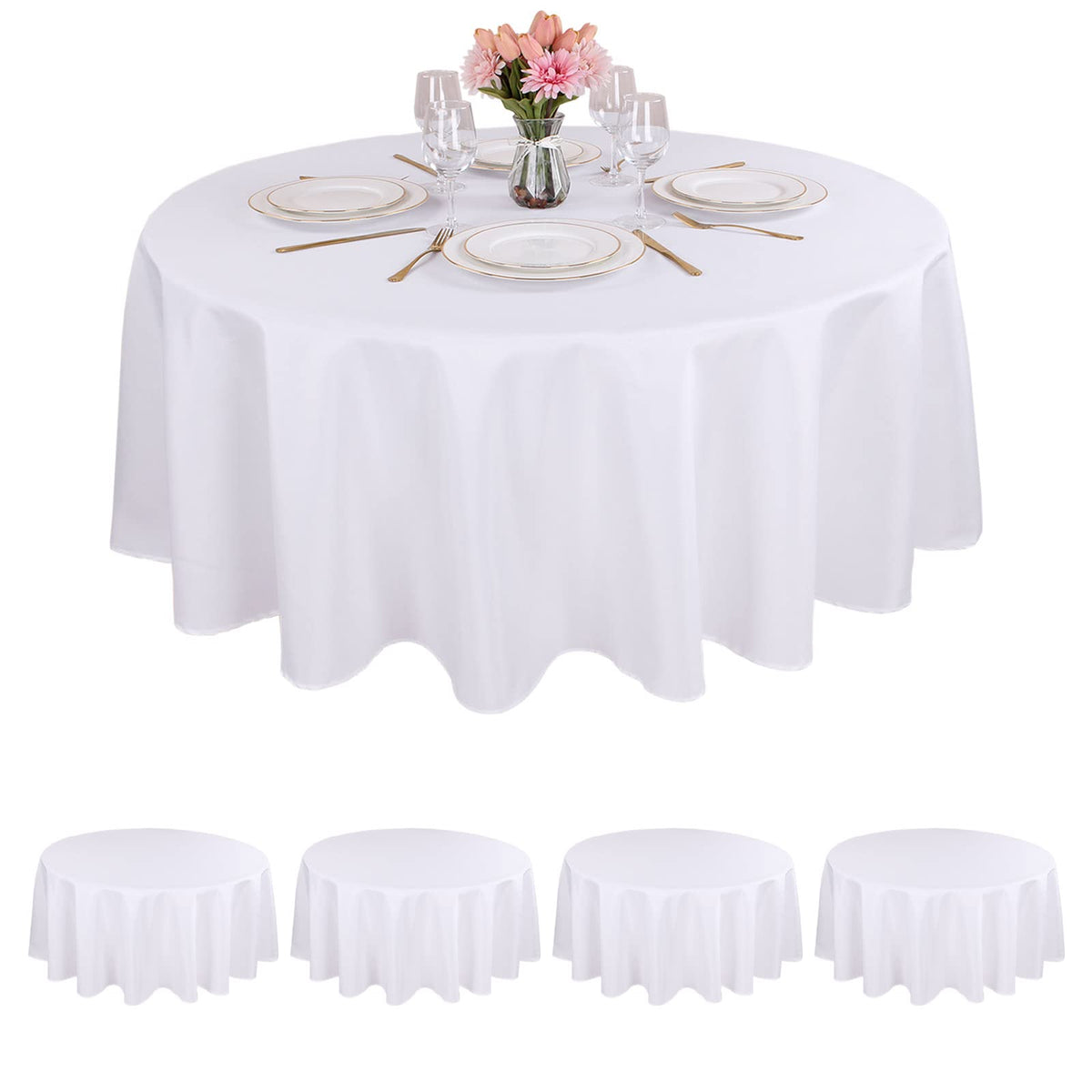 Kesfey 6 Packs Round Tablecloth 70 Inches White Polyester Table Cloths Stain and Wrinkle Resistant Tablecloths for Round Tables Washable Circle Fabric Tablecovers for Wedding Camping Banquet Parties