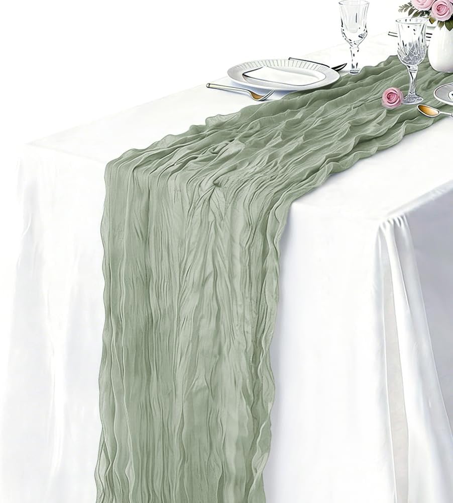 10 Pack Sage Green Cheesecloth Table Runner 21 x 120 Inch Boho Gauze Sheer Table Runner 10FT Long for Wedding Baby Shower Bridal Shower Easter Holiday Birthday Home Decor