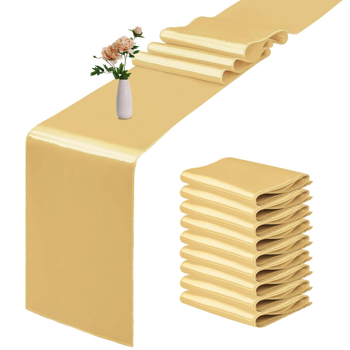 10 Pack Satin Table Runner 12 x 108 Inch Long Light Gold Smooth Silk Fabric Table Runner for Birthday Parties Wedding Banquets Decorations.