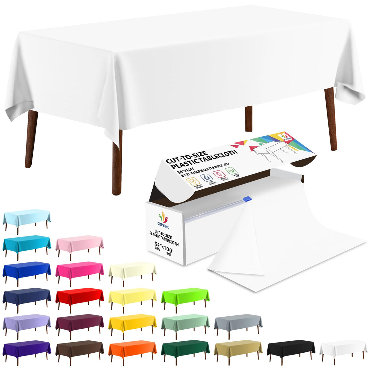 CXPSINC White Plastic Table Cloth Disposable Tablecloth Roll 54 Inch X 300 Feet Plastic Table Cover Roll with Slide Cutter for Picnics, Parties, Banquet, Birthdays, Weddings