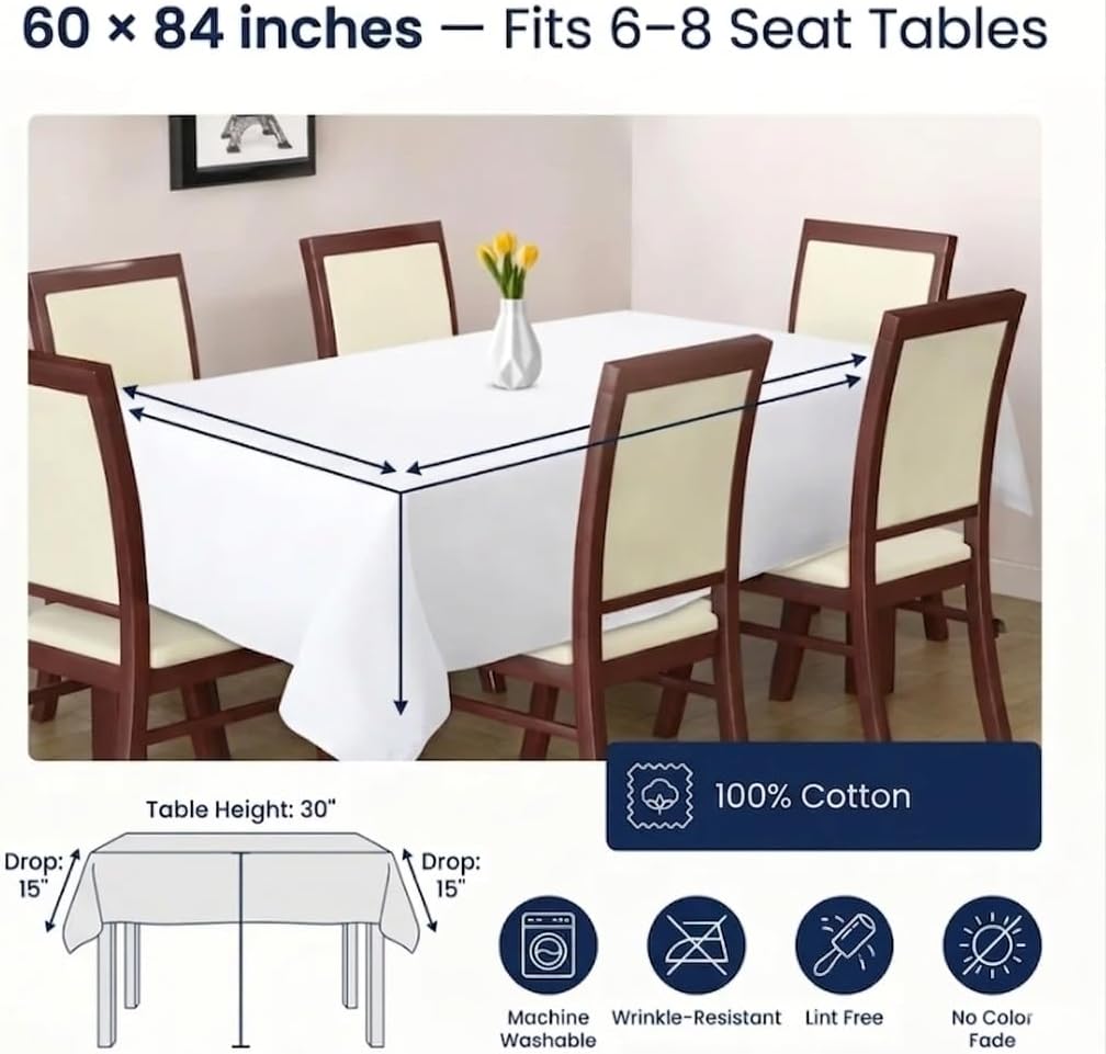 Urban Villa Tablecloth Cotton Tabletop 60x84 (6-8 Seats) White
