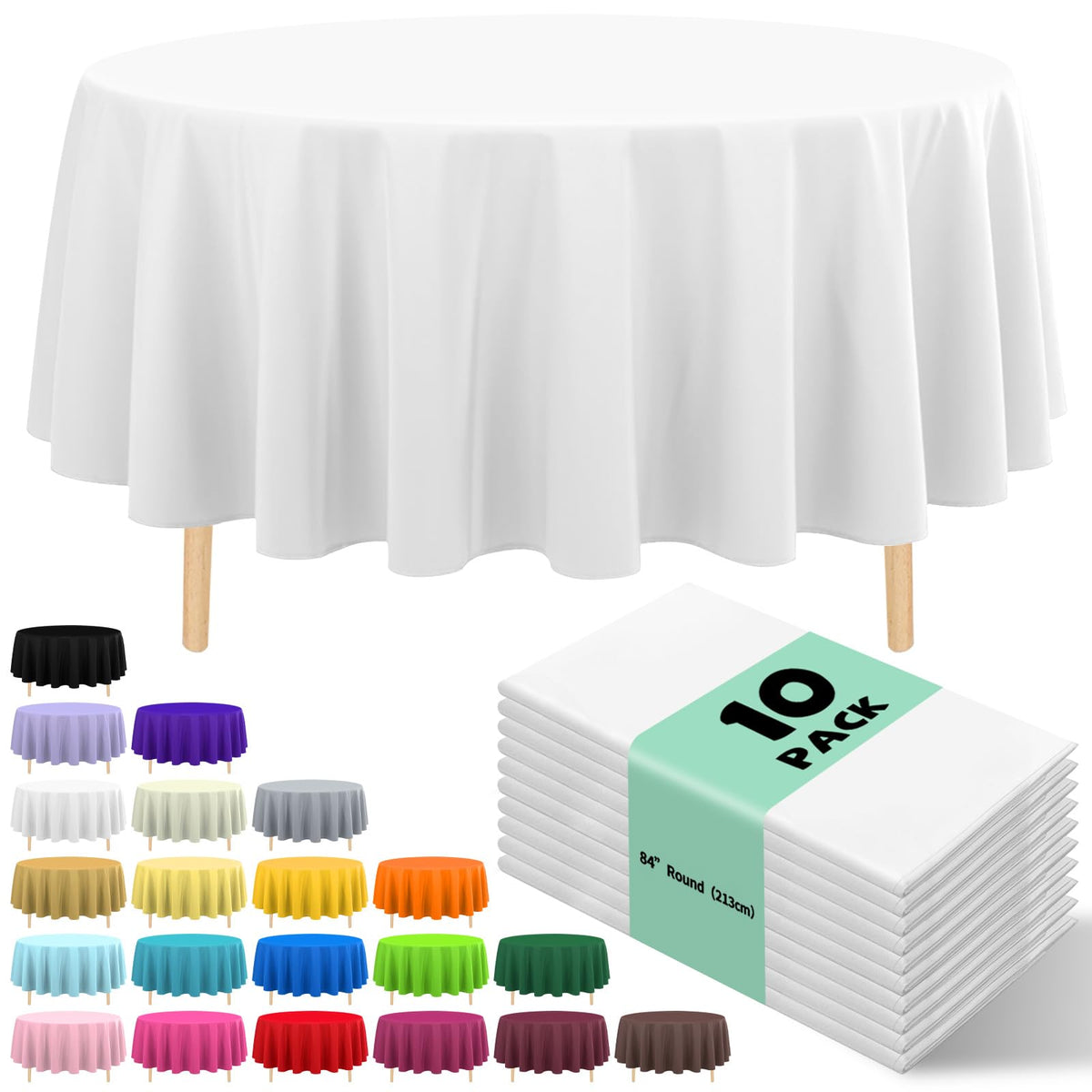 10 Pack Gold Round Tablecloth 84 Inch Round Plastic Table Cloth Disposable Waterproof Table Cover for Wedding Birthday Bridal Shower Party Decorations