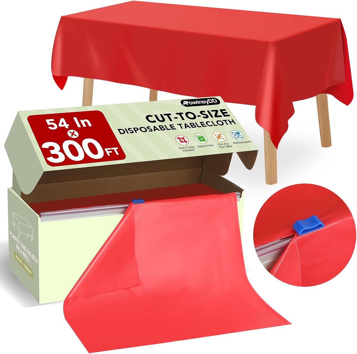 RowinsyDD 54 in X 300 FT Red Plastic Table Cover Roll with Slide Cutter