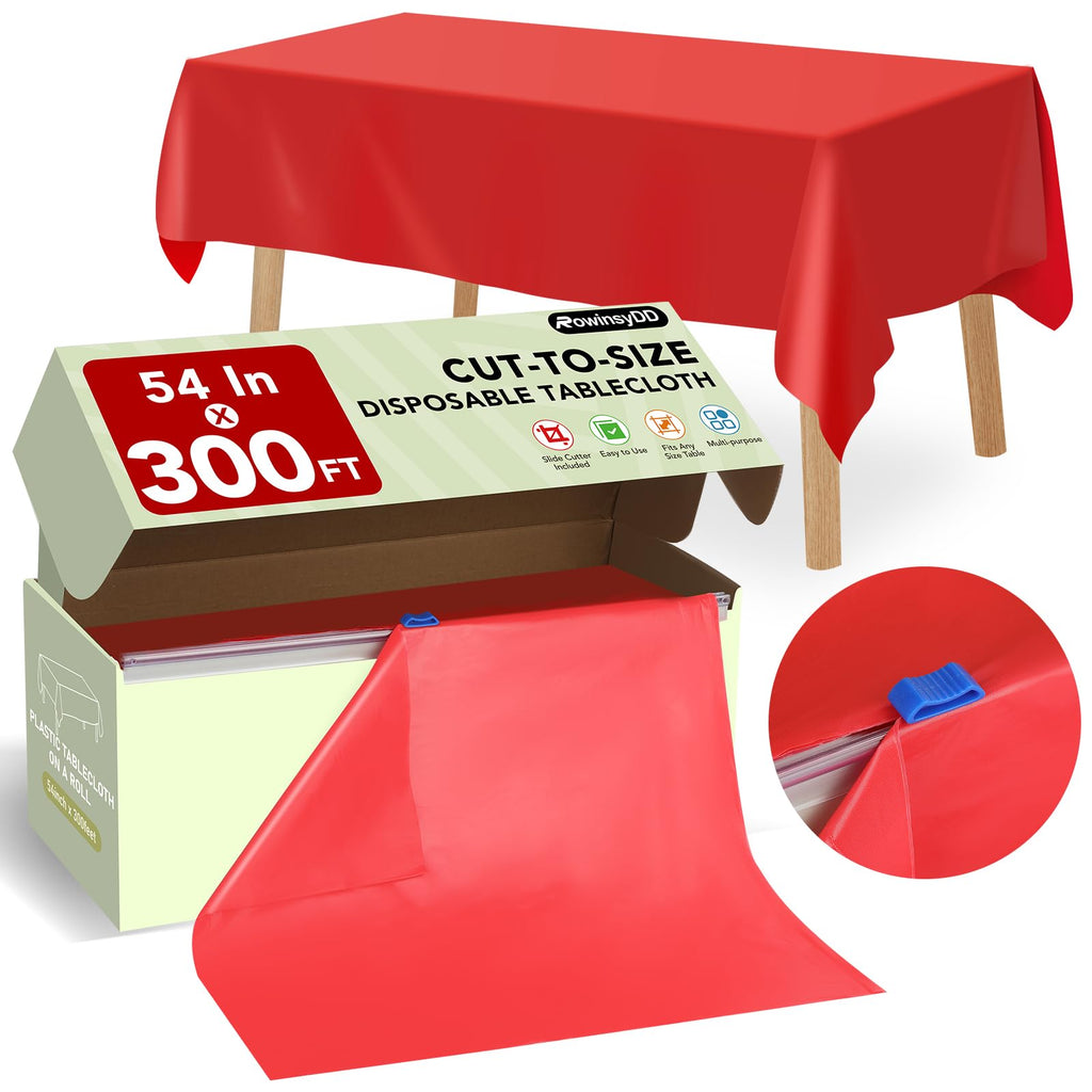 RowinsyDD 54 in X 300 FT Red Plastic Table Cover Roll with Slide Cutter