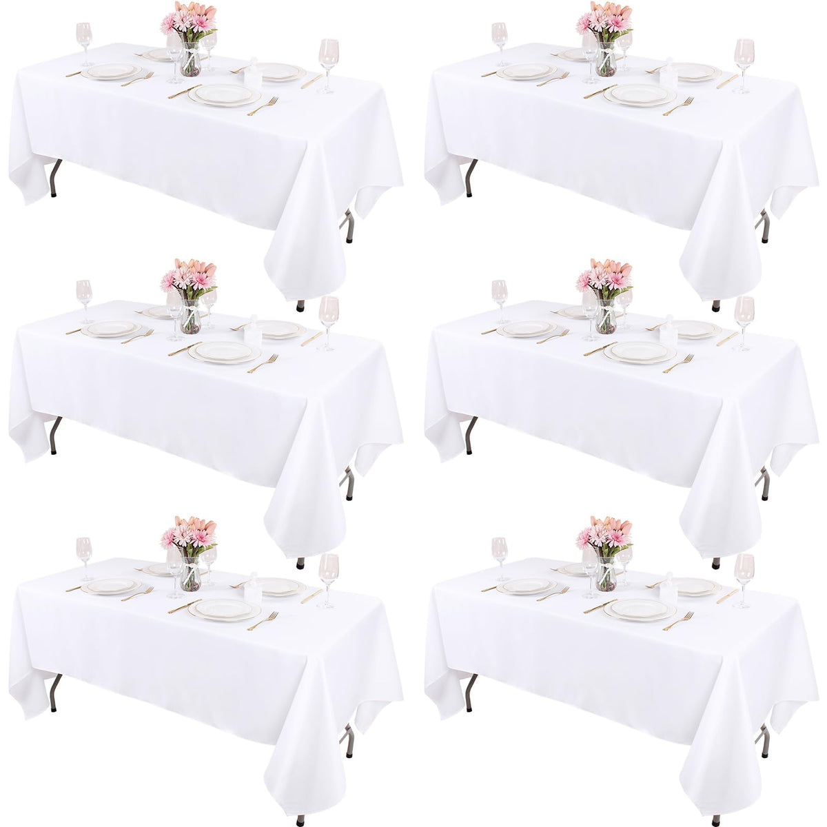 Kesfey 6 Packs White Table Cloths Rectangle 60 x102 inch High Density Washable Polyester Fabric White Tablecloths for 6 Foot Tables Rectangle Wrinkle Resistant Tablecloth for Parties Wedding Banquet
