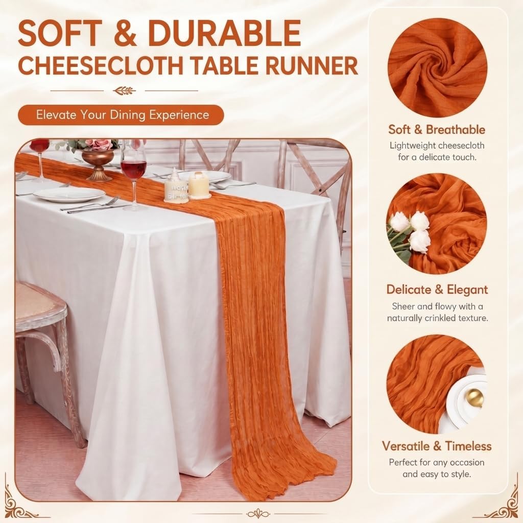 2 Pack Orange Cheesecloth Table Runner 17x108 Inch Boho Rustic Semi Sheer Gauze Cheese Cloth Table Runner for Wedding Bridal Shower Baby Shower Party Farmhouse Dining Table Decor