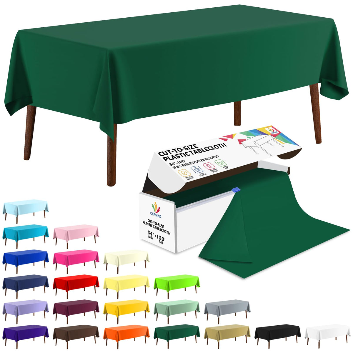 CXPSINC White Plastic Table Cloth Disposable Tablecloth Roll 54 Inch X 300 Feet Plastic Table Cover Roll with Slide Cutter for Picnics, Parties, Banquet, Birthdays, Weddings