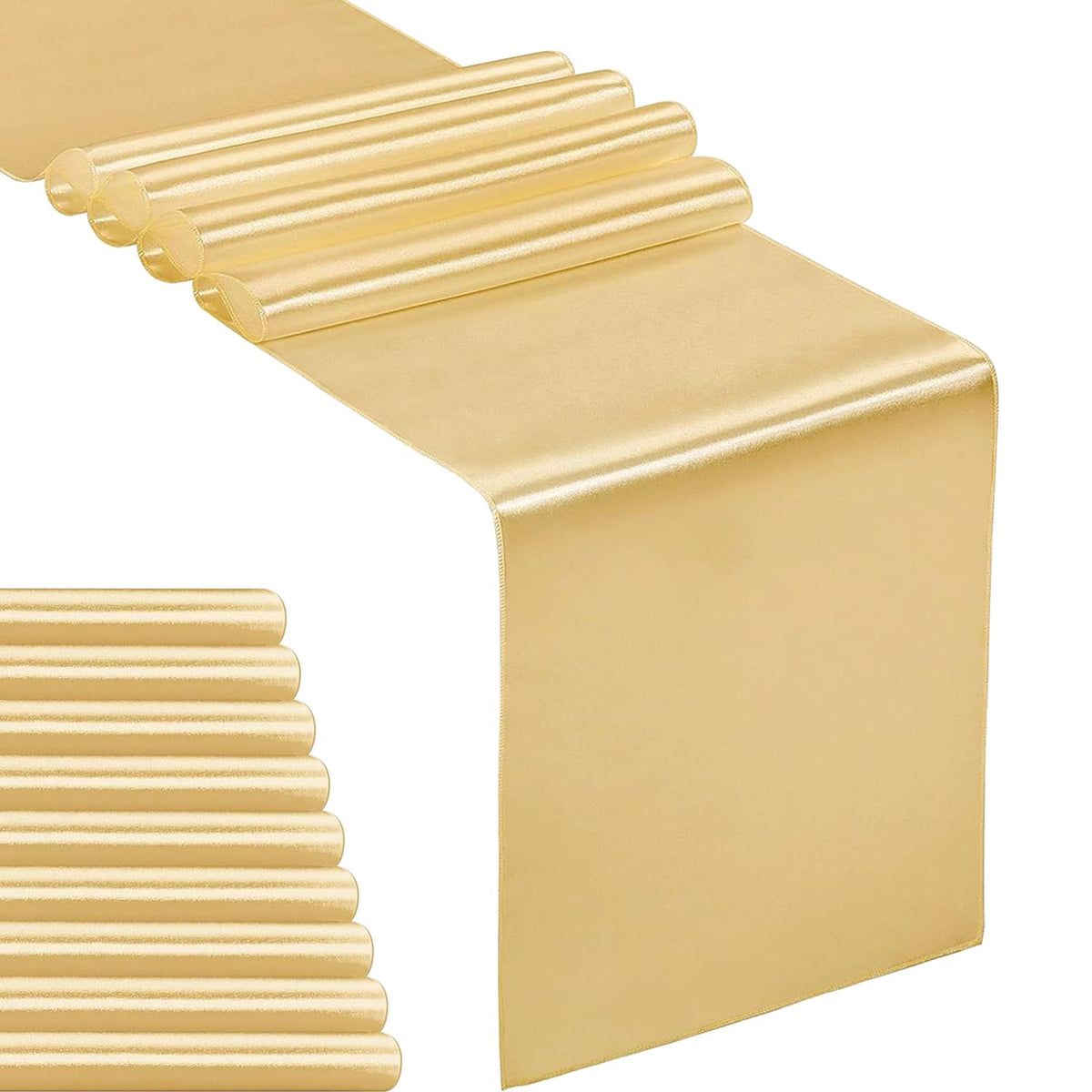 10-Pack Satin Table Runner Light Gold 12 x 108 inches Long, Table Runners for Wedding, Birthday Parties, Banquets Decorations（10 Pack, 12x108 Inch, Light Gold）
