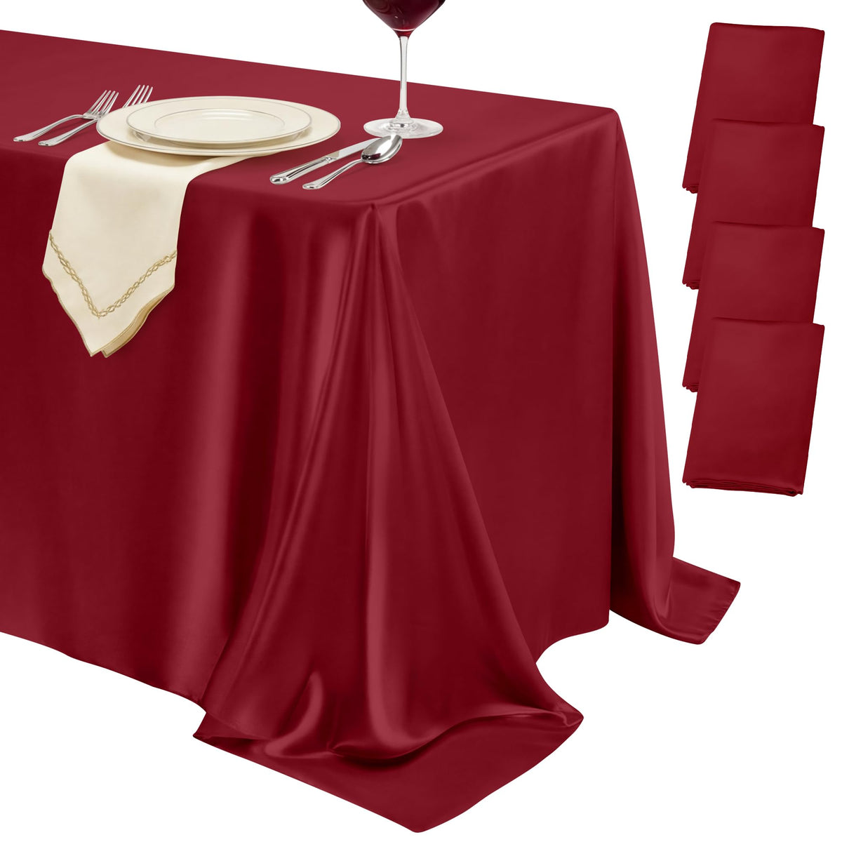 4 Pack Burgundy Satin Tablecloth 58 x 102 Inch Overlay Seamless Design