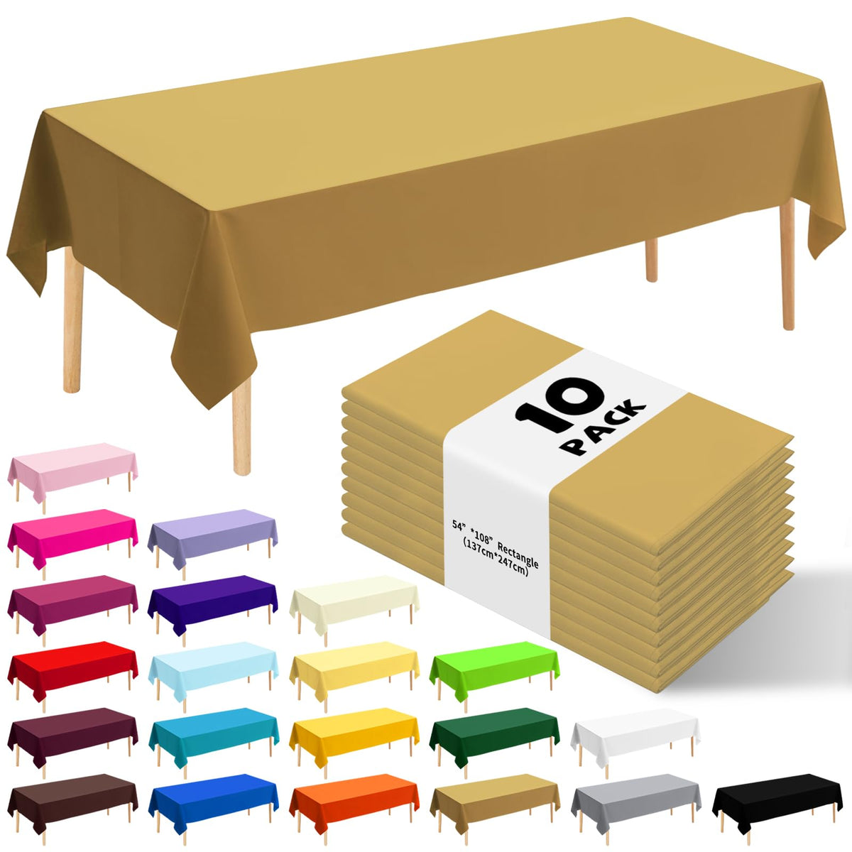 10 Pack Gold Round Tablecloth 84 Inch Round Plastic Table Cloth Disposable Waterproof Table Cover for Wedding Birthday Bridal Shower Party Decorations