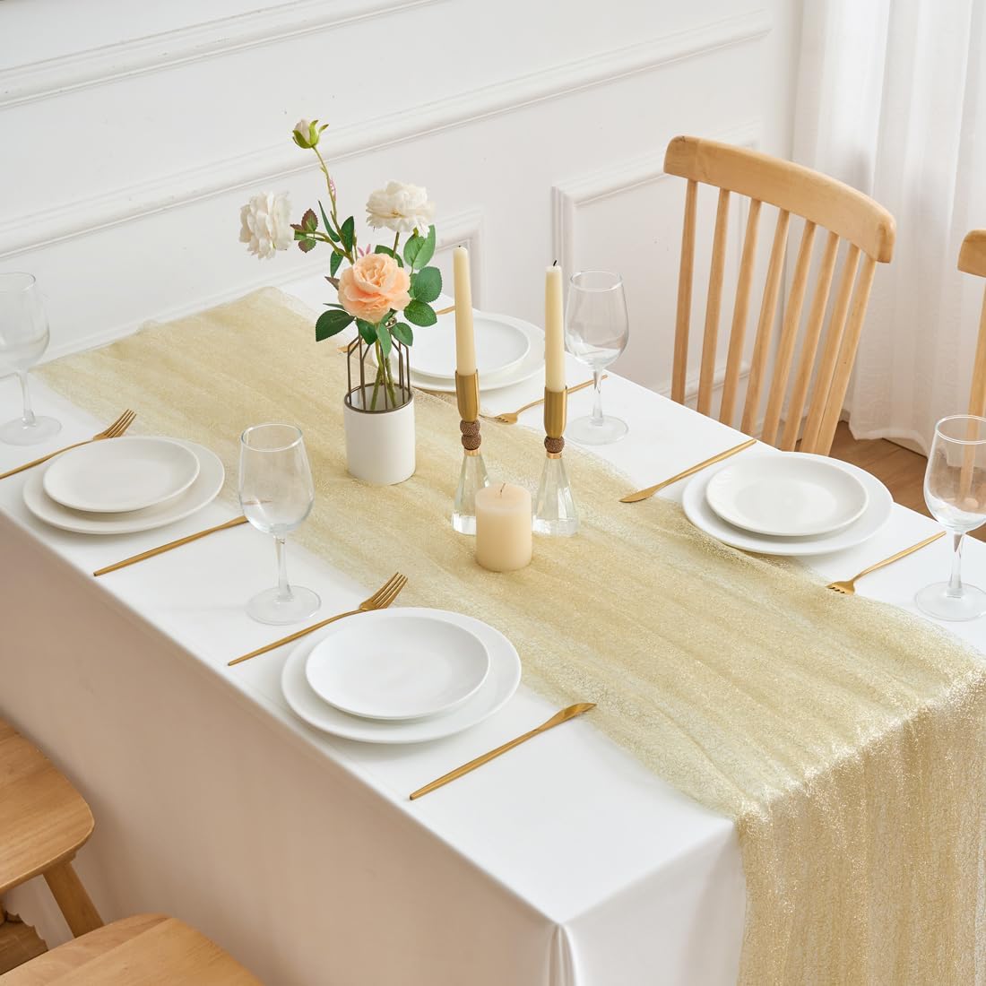 MANGATA CASA 2pcs 10FT Boho Tulle Cheesecloth Table Runner, Sheer Decor for Wedding Birthday Graduation Party（Gold-28"x120"