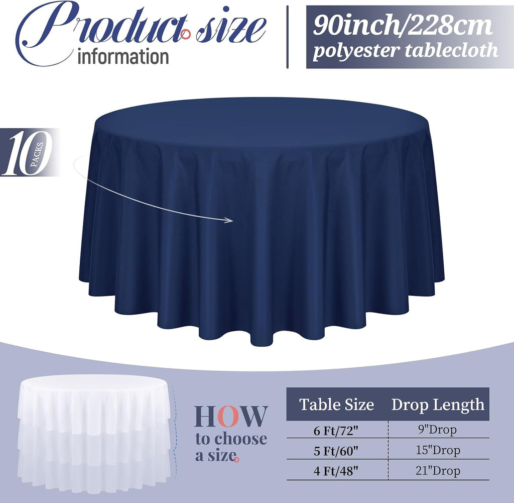 10 Pack Navy Blue Round Tablecloths 90 Inch, Polyester Round Table Cloth Circle Bulk Linen Washable Table Cloth Stain and Wrinkle Resistant Circle Table Cover for Wedding Party Dining Banquet