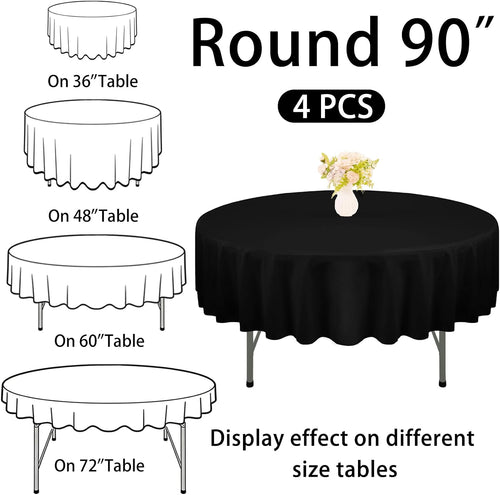 4 Pack Round Tablecloth 90 Inch Black Polyester Washable Fabric Table Covers for Wedding Dining Table Buffet Parties Banquet Decor