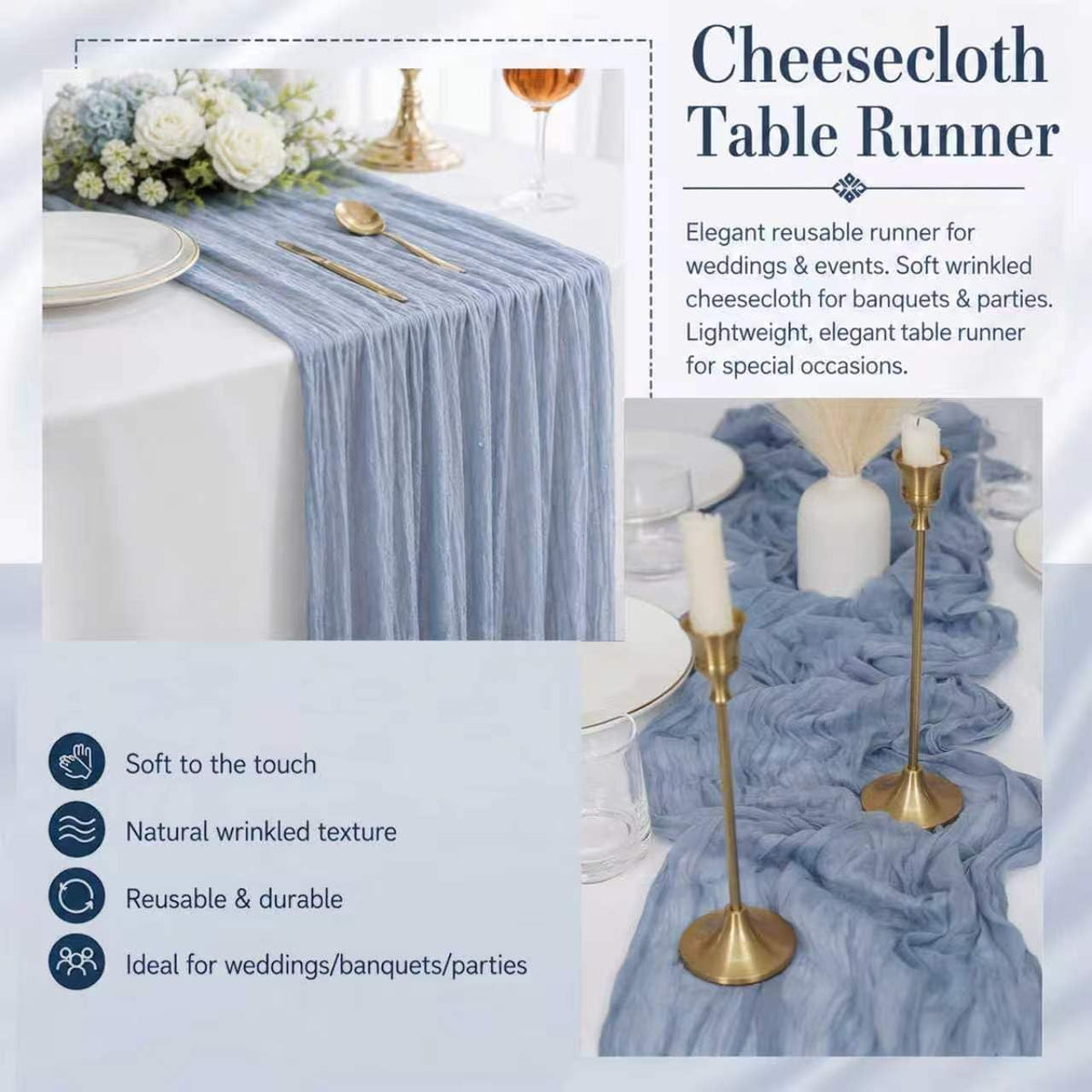 6 Pack Dusty Blue Cheesecloth Table Runner 17x108 Inch Boho Rustic Semi Sheer Gauze Cheese Cloth Table Runner for Wedding Bridal Shower Baby Shower Party Farmhouse Dining Table Decor