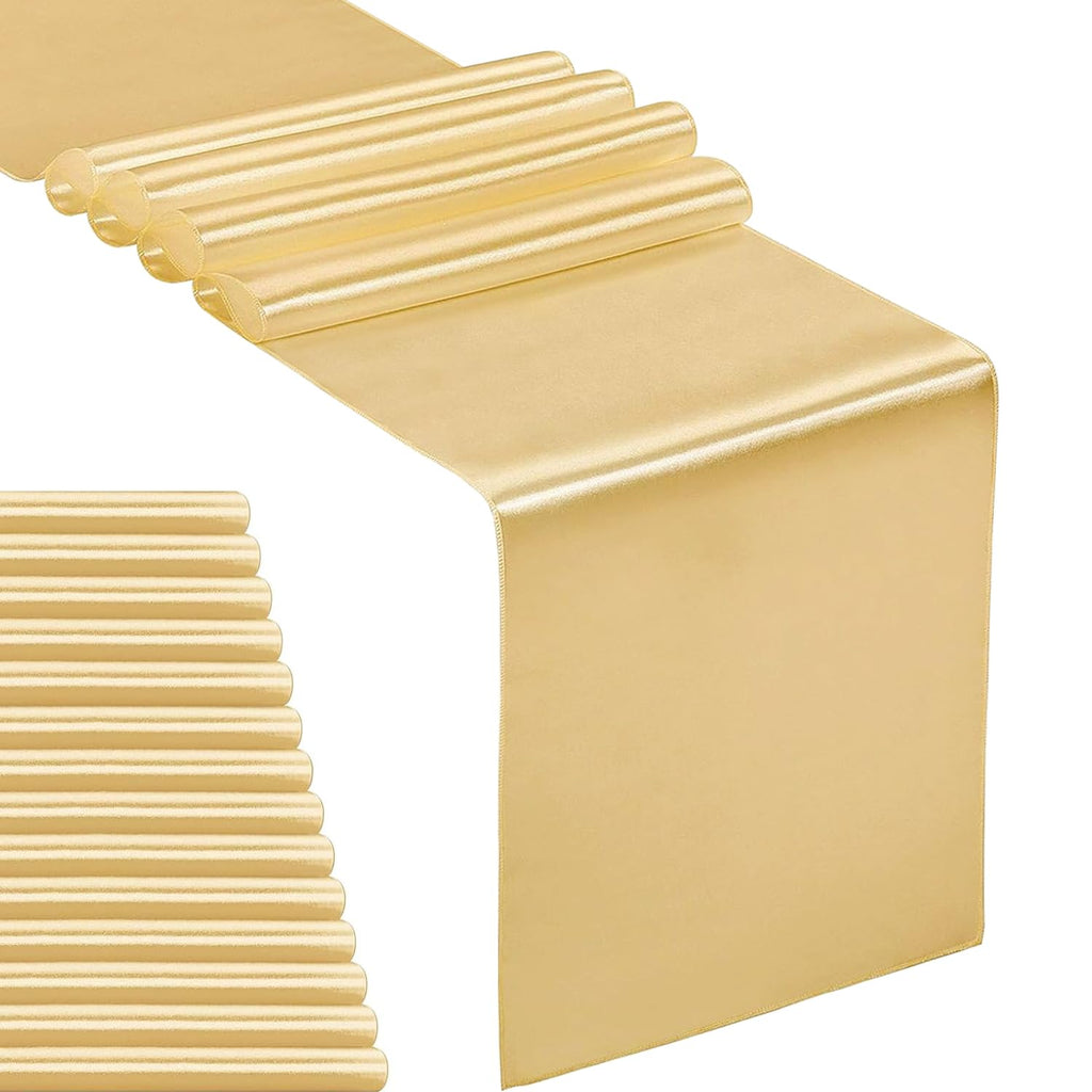 10-Pack Satin Table Runner Light Gold 12 x 108 inches Long, Table Runners for Wedding, Birthday Parties, Banquets Decorations（10 Pack, 12x108 Inch, Light Gold）