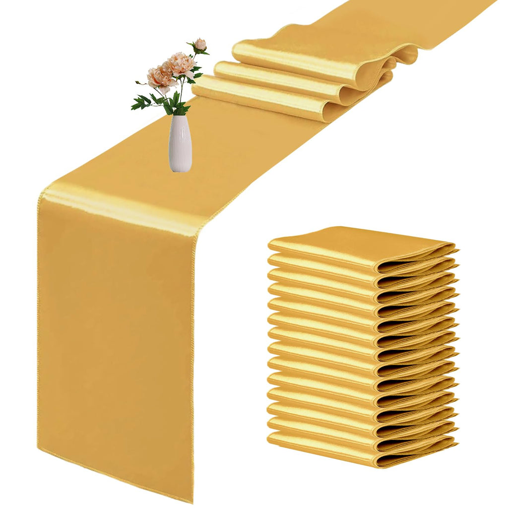 10 Pack Satin Table Runner 12 x 108 Inch Long Light Gold Smooth Silk Fabric Table Runner for Birthday Parties Wedding Banquets Decorations.
