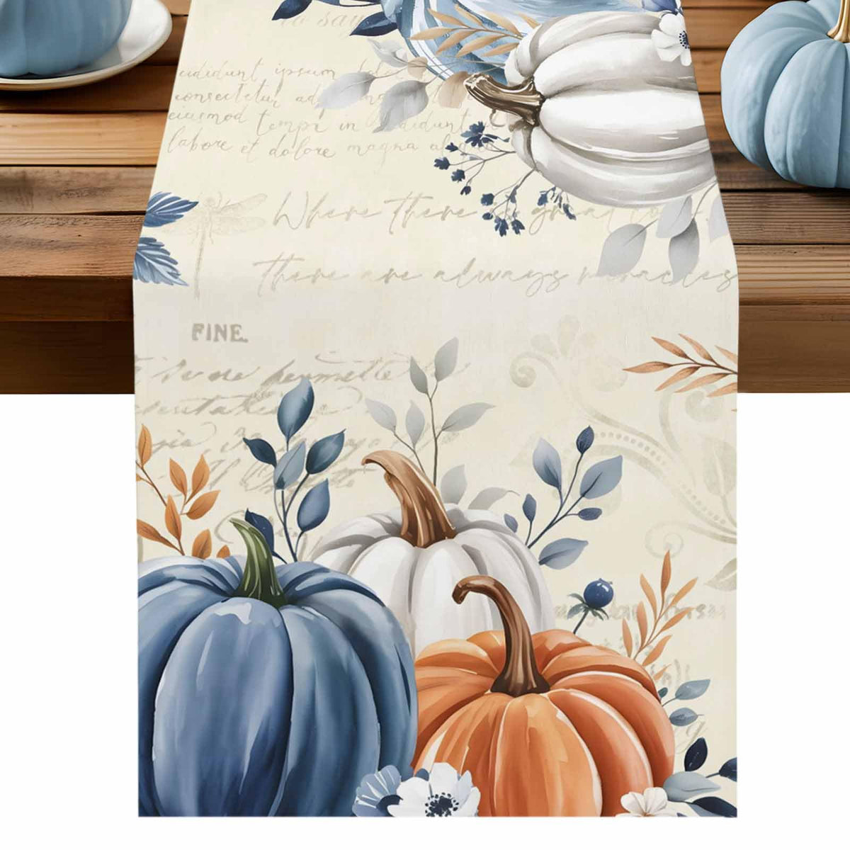 Fall Table Runner 13x70 Inches Long Blue Pumpkin Table Runners Floral Leaves Cotton Linen Autumn Harvest Dresser Scarf Kitchen Dining Table Decor for Thanksgiving Holiday Party Coffee Indoor Outdoor