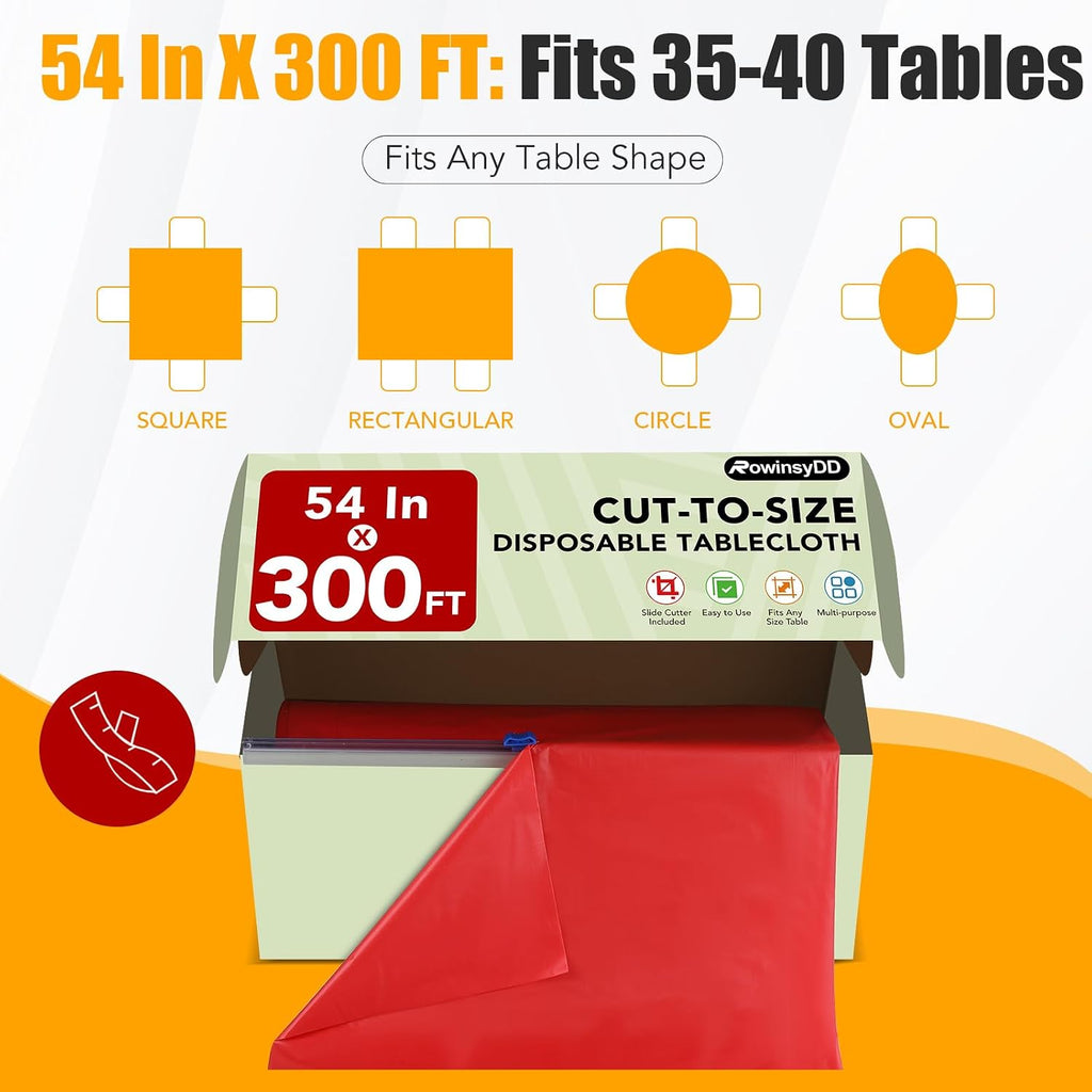RowinsyDD 54 in X 300 FT Red Plastic Table Cover Roll with Slide Cutter