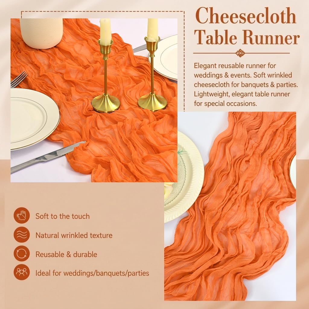 2 Pack Orange Cheesecloth Table Runner 17x108 Inch Boho Rustic Semi Sheer Gauze Cheese Cloth Table Runner for Wedding Bridal Shower Baby Shower Party Farmhouse Dining Table Decor