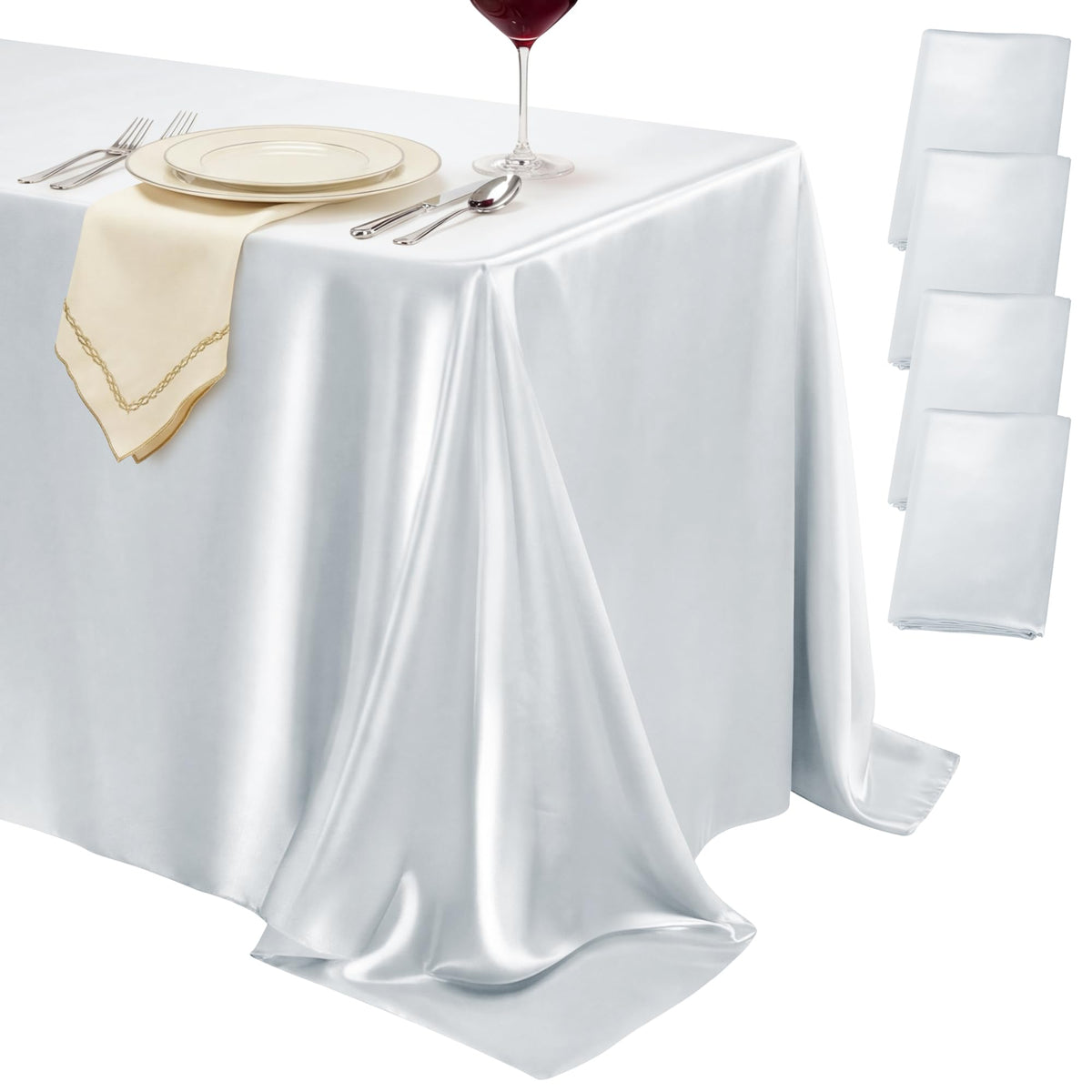 4 Pack Burgundy Satin Tablecloth 58 x 102 Inch Overlay Seamless Design