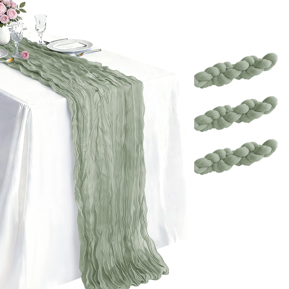10 Pack Sage Green Cheesecloth Table Runner 21 x 120 Inch Boho Gauze Sheer Table Runner 10FT Long for Wedding Baby Shower Bridal Shower Easter Holiday Birthday Home Decor
