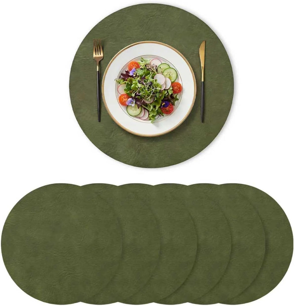 Artoid Mode Olive Green Faux Leather Placemats Set of 6, 15 Inch Waterproof Wipeable Heat Resistant Vinyl Place Mats, Reversible Table Mats for Kitchen Dining Decor