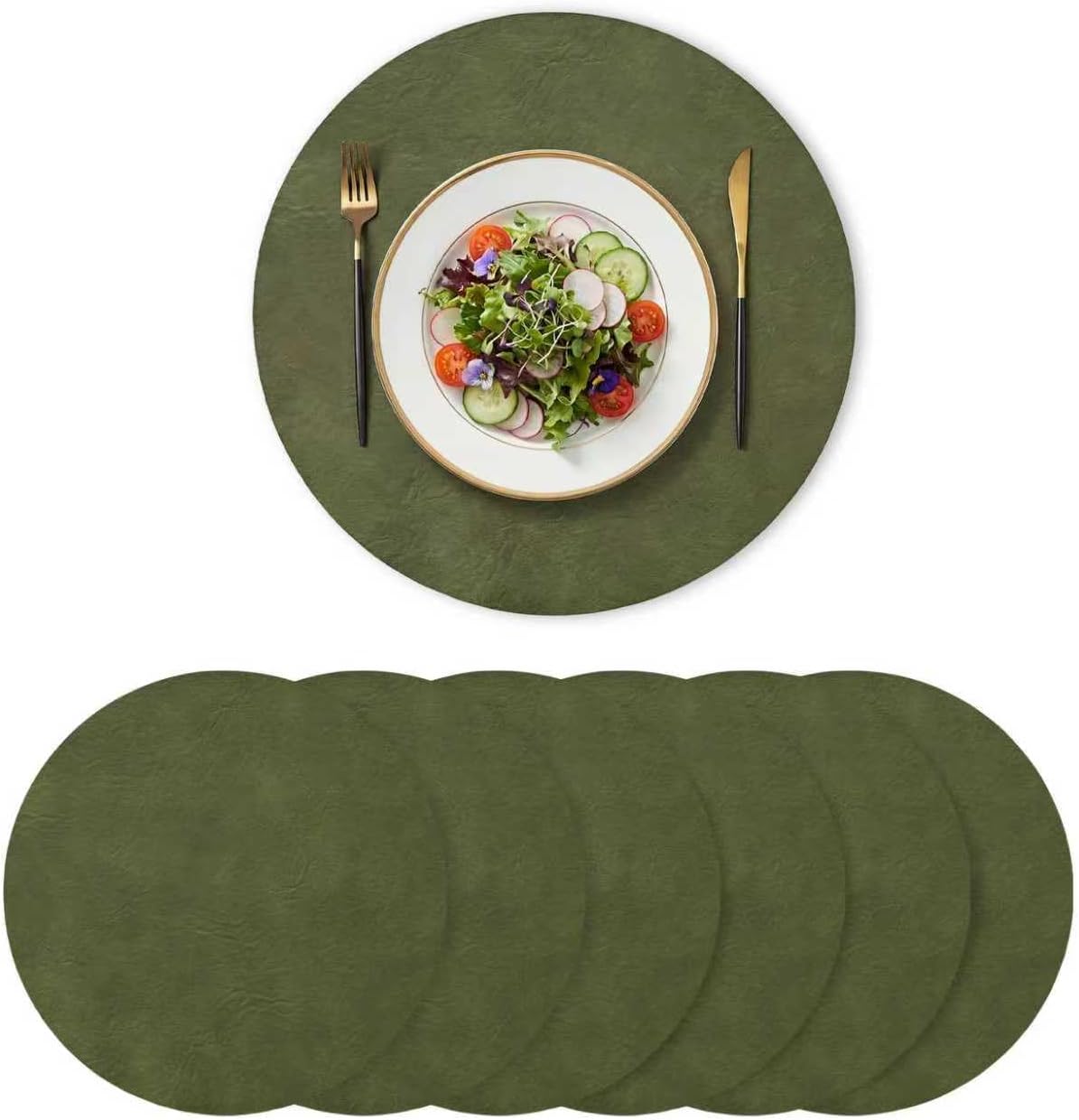Artoid Mode Olive Green Faux Leather Placemats Set of 6, 15 Inch Waterproof Wipeable Heat Resistant Vinyl Place Mats, Reversible Table Mats for Kitchen Dining Decor