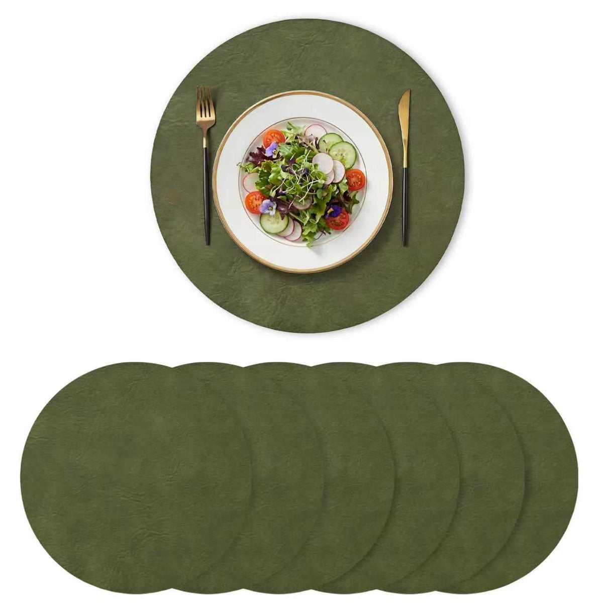 Artoid Mode Olive Green Faux Leather Placemats Set of 6, 15 Inch Waterproof Wipeable Heat Resistant Vinyl Place Mats, Reversible Table Mats for Kitchen Dining Decor