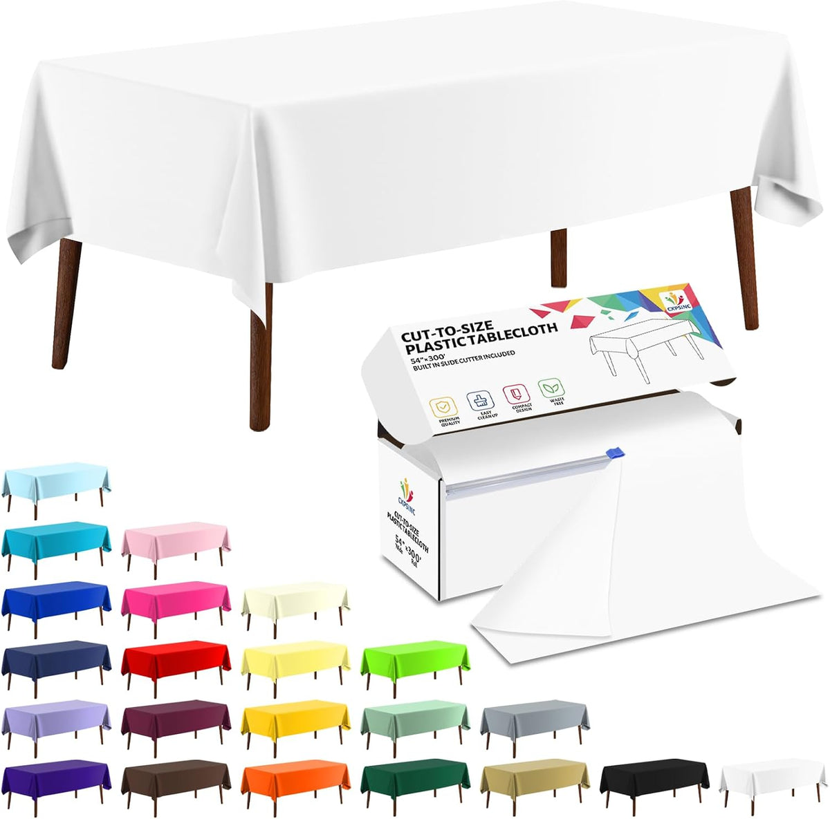 CXPSINC White Plastic Table Cloth Disposable Tablecloth Roll 54 Inch X 300 Feet Plastic Table Cover Roll with Slide Cutter for Picnics, Parties, Banquet, Birthdays, Weddings