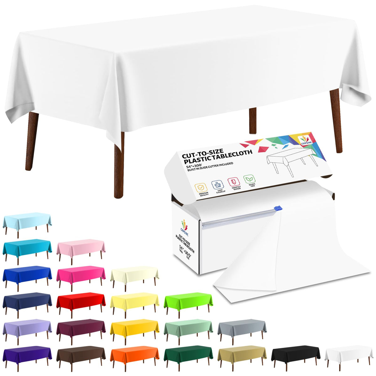 CXPSINC White Plastic Table Cloth Disposable Tablecloth Roll 54 Inch X 300 Feet Plastic Table Cover Roll with Slide Cutter for Picnics, Parties, Banquet, Birthdays, Weddings