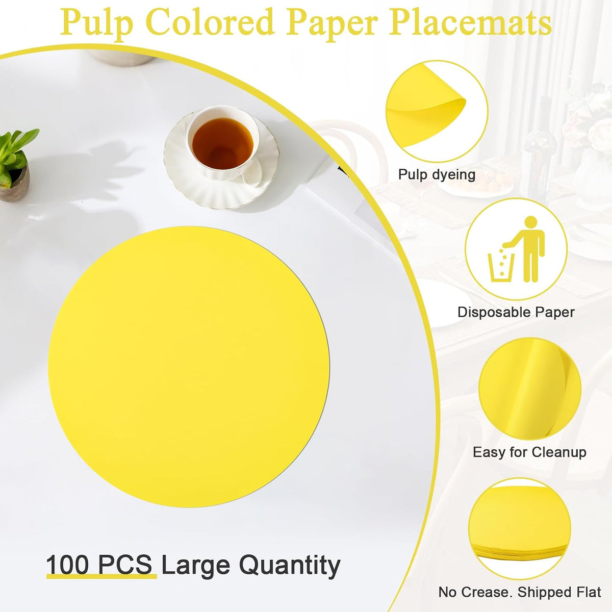 SHACOS 100 pcs Round Paper Placemats Disposable 13 inch Colored Paper Decorative Place Mats for Wedding Birthday Party Bridal Baby Shower Events Table Decoration, Yellow