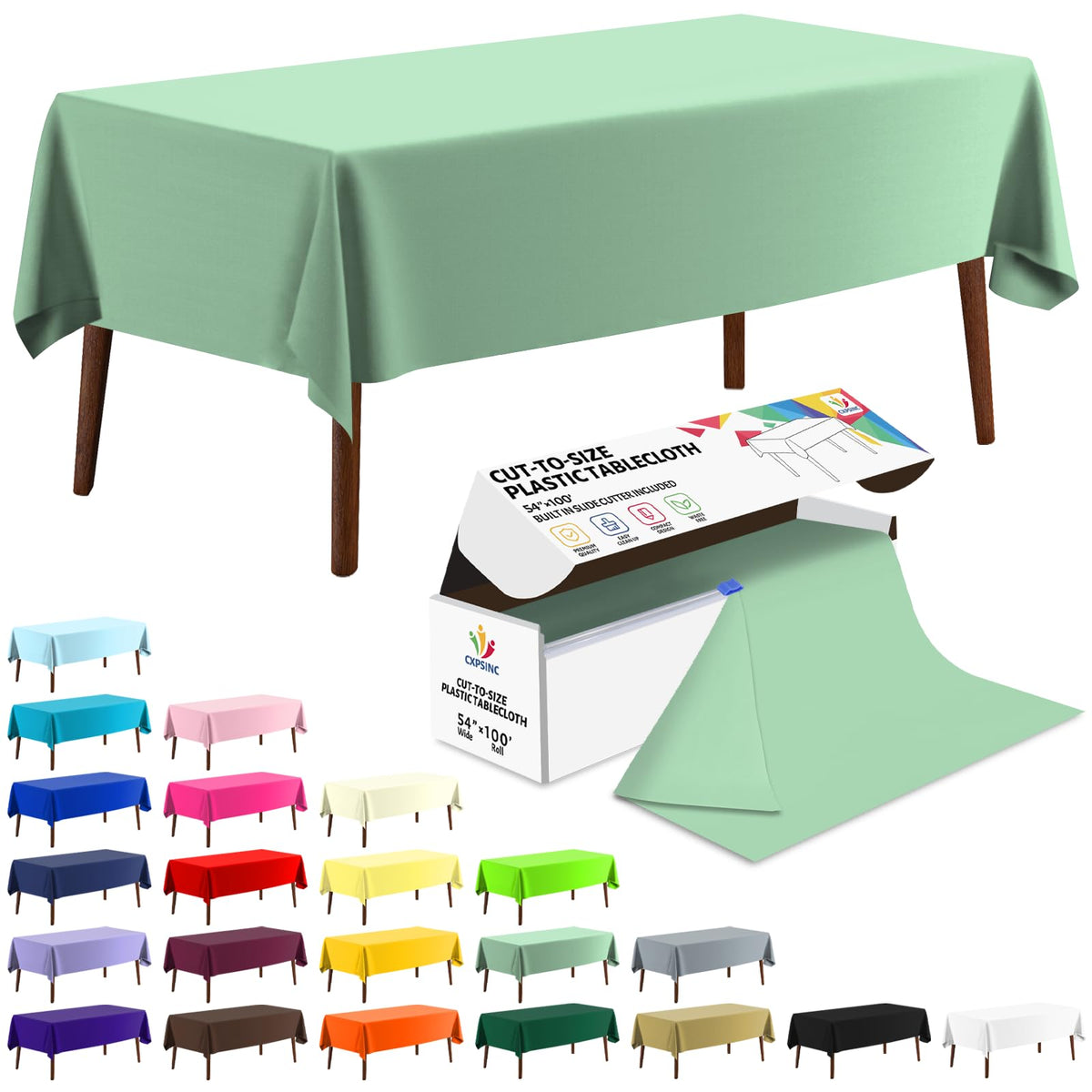 CXPSINC White Plastic Table Cloth Disposable Tablecloth Roll 54 Inch X 300 Feet Plastic Table Cover Roll with Slide Cutter for Picnics, Parties, Banquet, Birthdays, Weddings