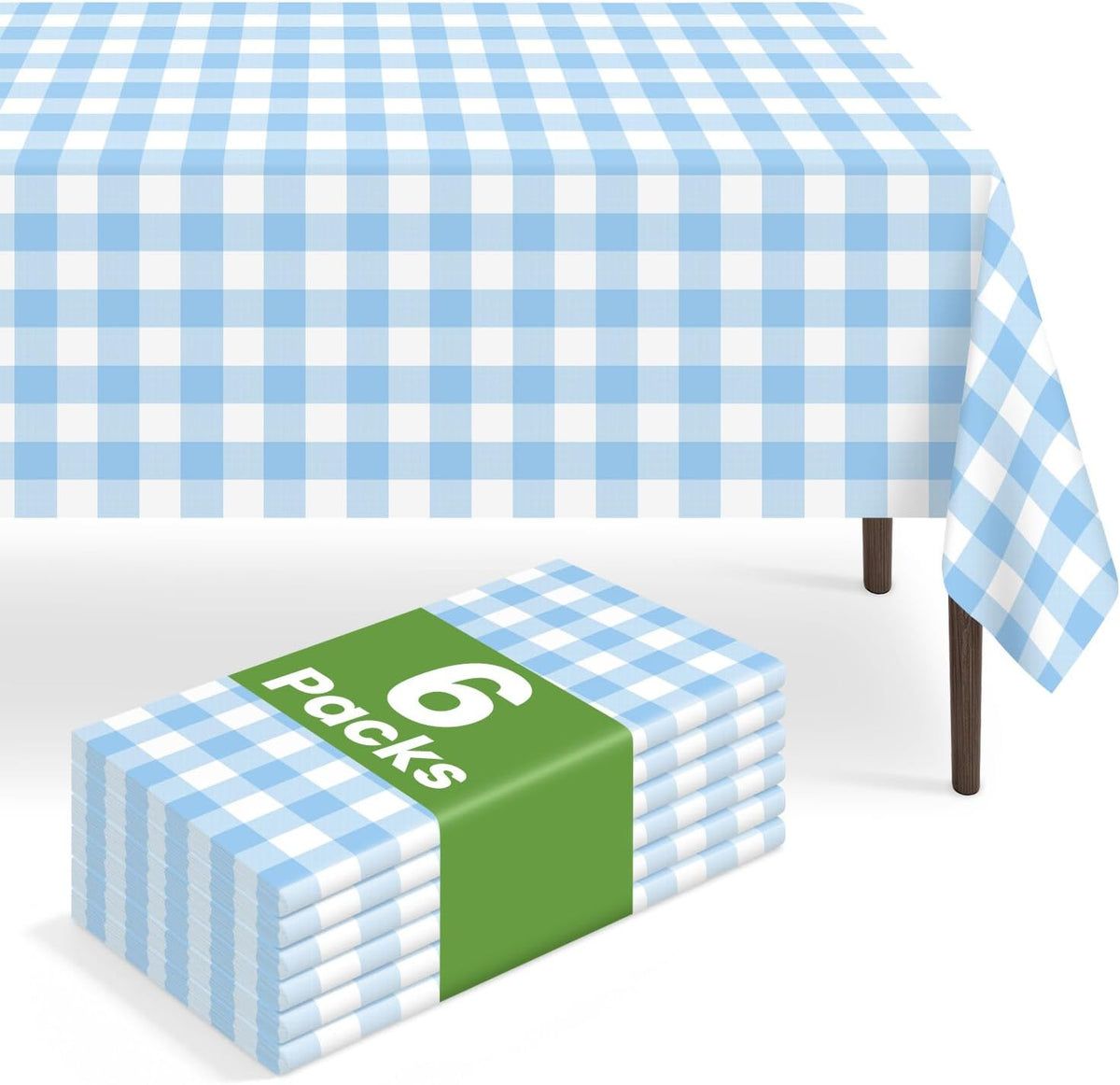 6 Pack Disposable Blue Gingham Plastic Tablecloth, 54 x 108 Inch