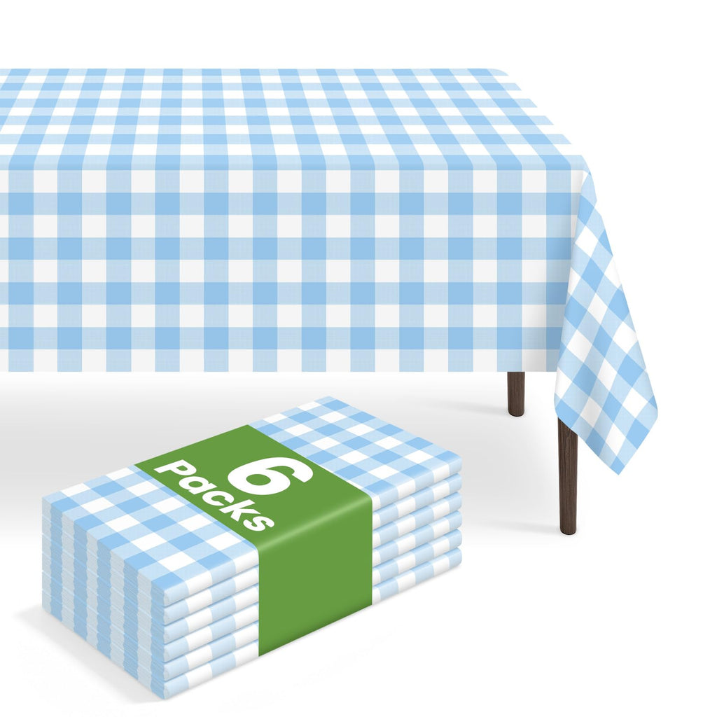 6 Pack Disposable Blue Gingham Plastic Tablecloth, 54 x 108 Inch