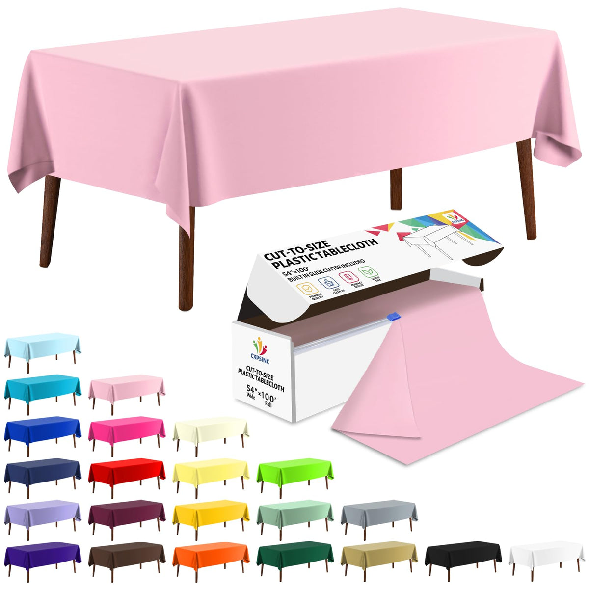 CXPSINC White Plastic Table Cloth Disposable Tablecloth Roll 54 Inch X 300 Feet Plastic Table Cover Roll with Slide Cutter for Picnics, Parties, Banquet, Birthdays, Weddings