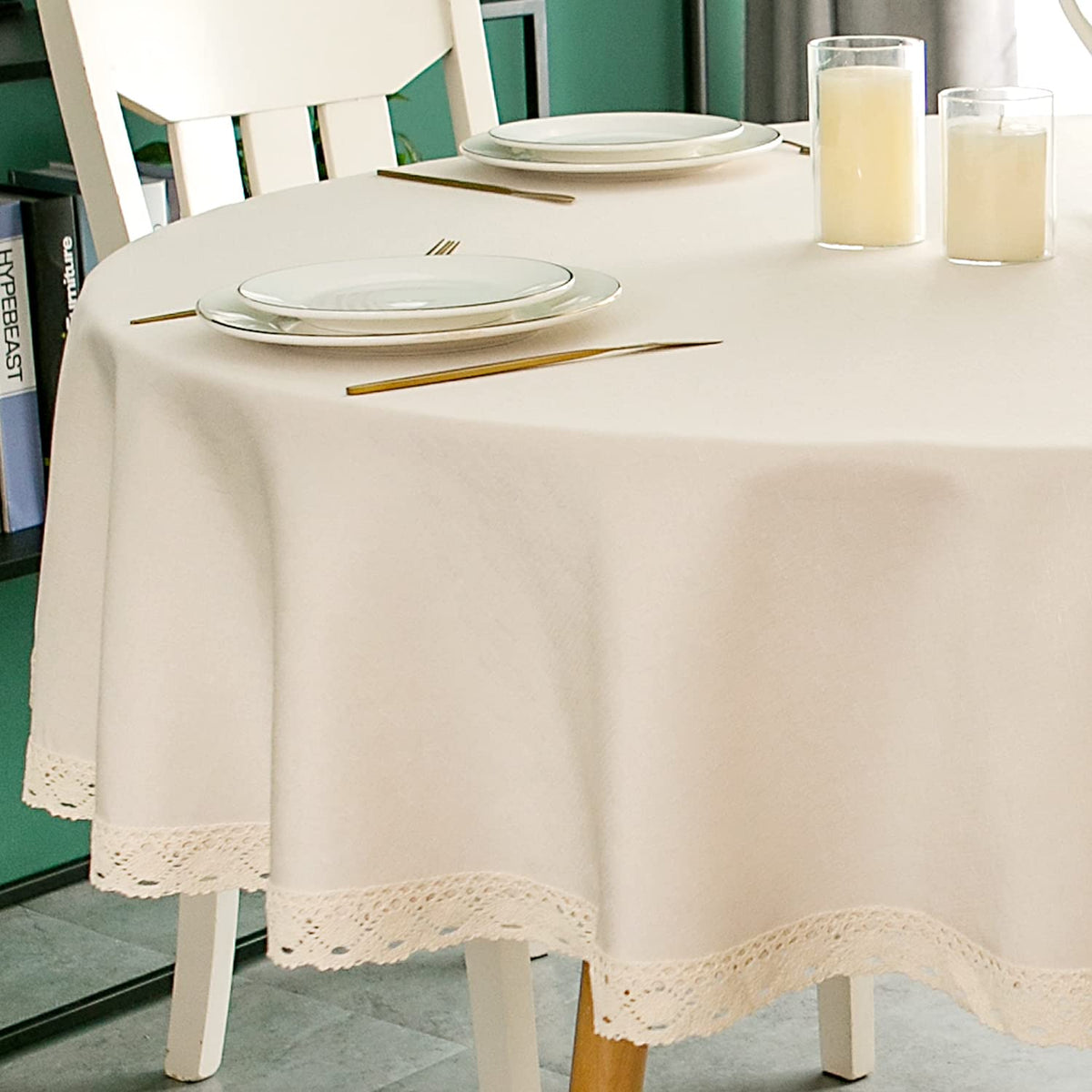 EHouseHome Faux Linen Tablecloth with Lace Trim - Waterproof/Spill Proof/Stain Resistant/Wrinkle Free/Oil Proof - for Banquet, Parties, Dinner,Kitchen,Wedding,Coffee,Holiday,Flax,Rectangle 60x84Inch