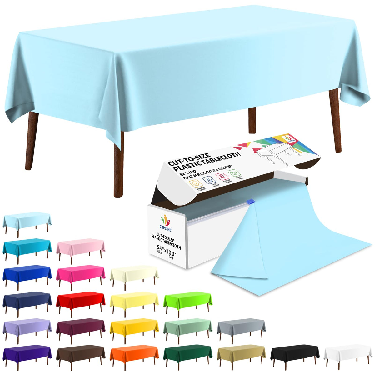 CXPSINC White Plastic Table Cloth Disposable Tablecloth Roll 54 Inch X 300 Feet Plastic Table Cover Roll with Slide Cutter for Picnics, Parties, Banquet, Birthdays, Weddings