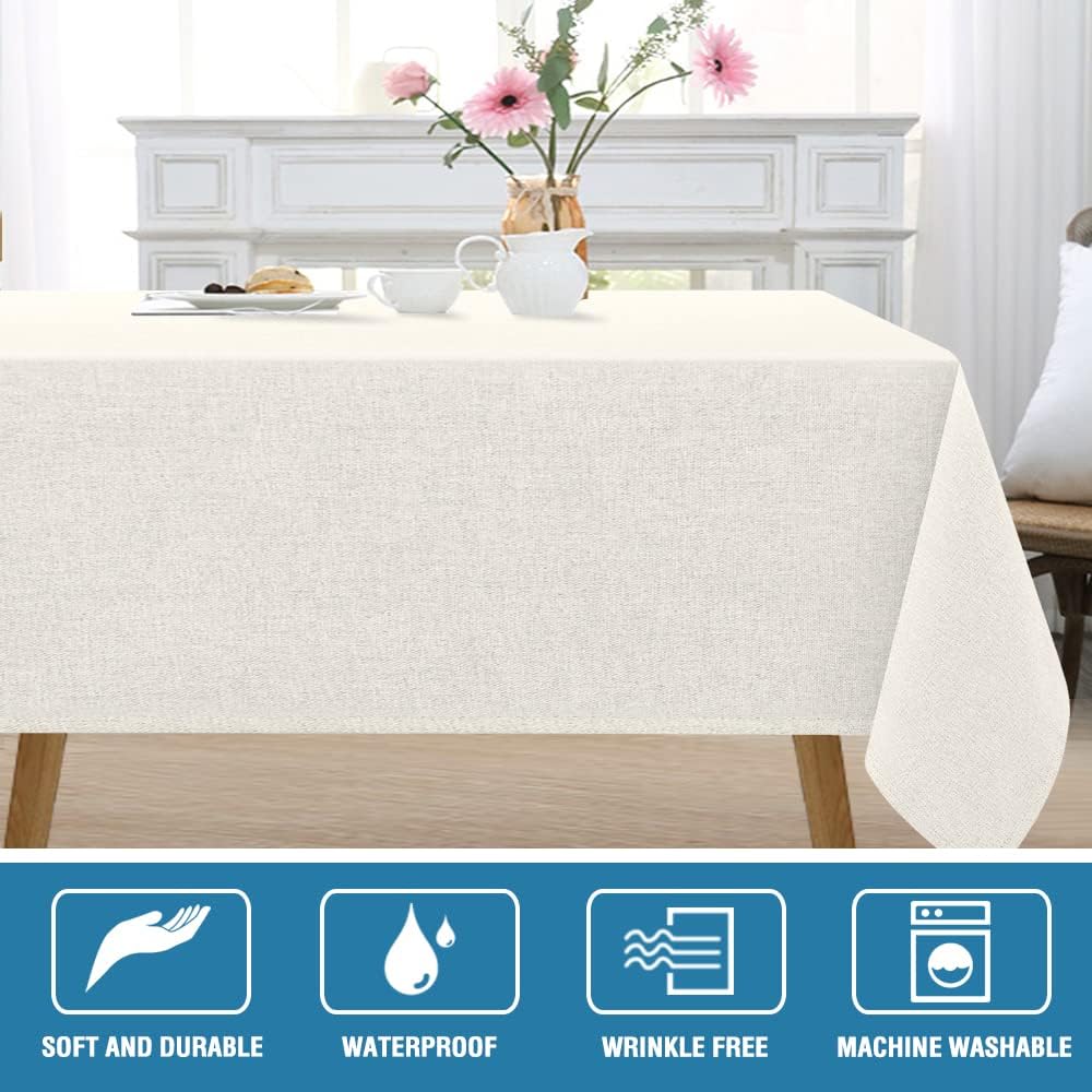 H.VERSAILTEX Linen Textured Tablecloth 60 x 102 Waterproof Decorative Table Cloth Spill-Proof Linen Look Cover for Party Table Extra Soft and Thick Fabric Wrinkle Free, Heather Ivory