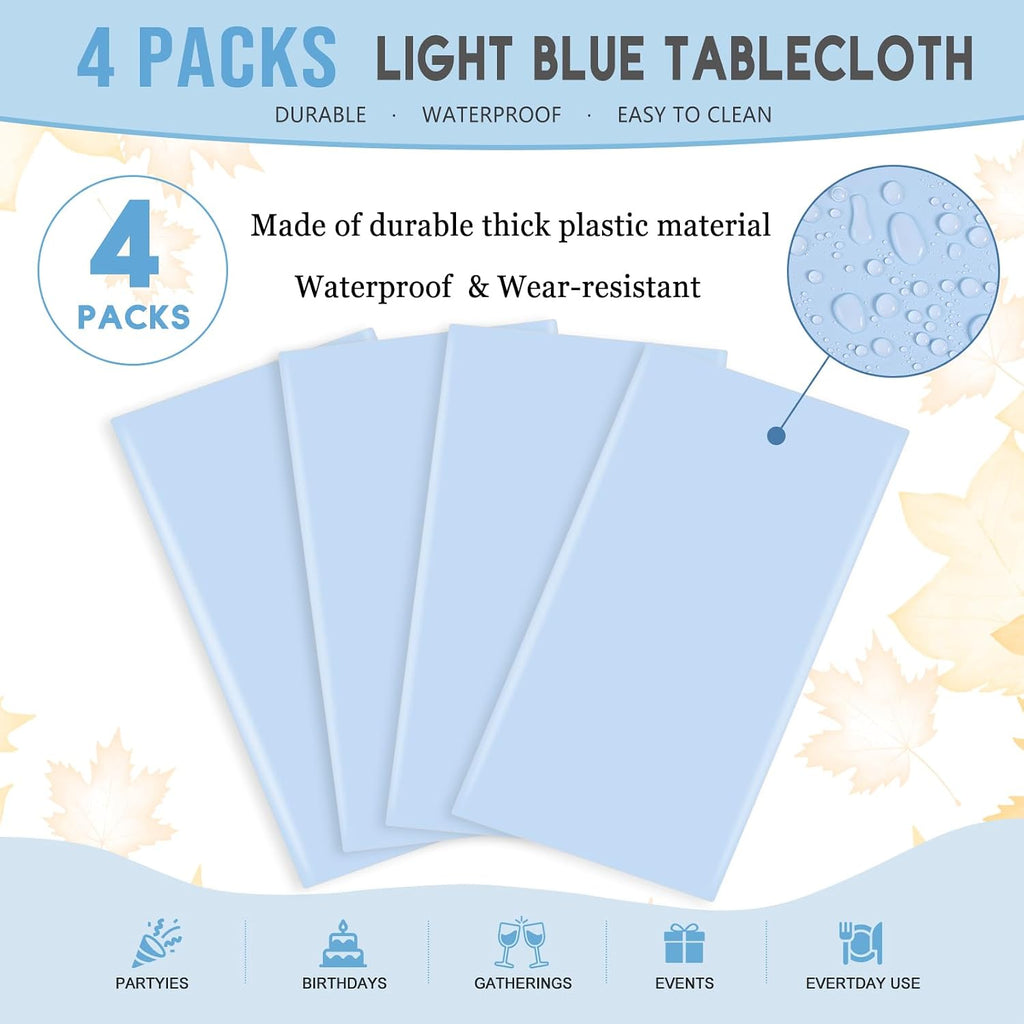 4 Pcs Light Blue Tablecloth 54 X 108 Inch Disposable Plastic Blue Tablecloths Waterproof Table Cloth Rectangular Table Cover for Boy Birthday Baby Shower Outdoor Picnic Party Decorations