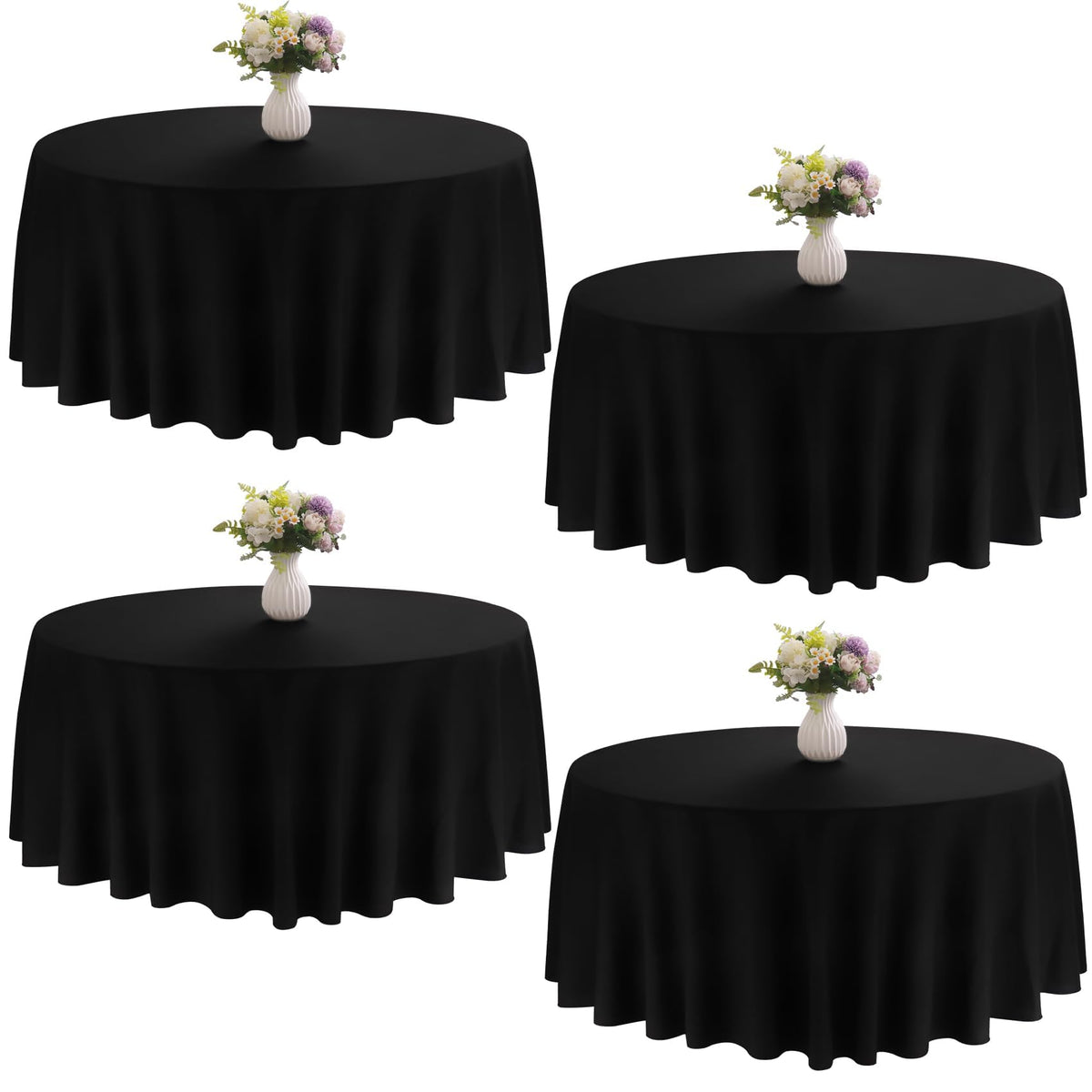 4 Pack Round Tablecloth 90 Inch Black Polyester Washable Fabric Table Covers for Wedding Dining Table Buffet Parties Banquet Decor