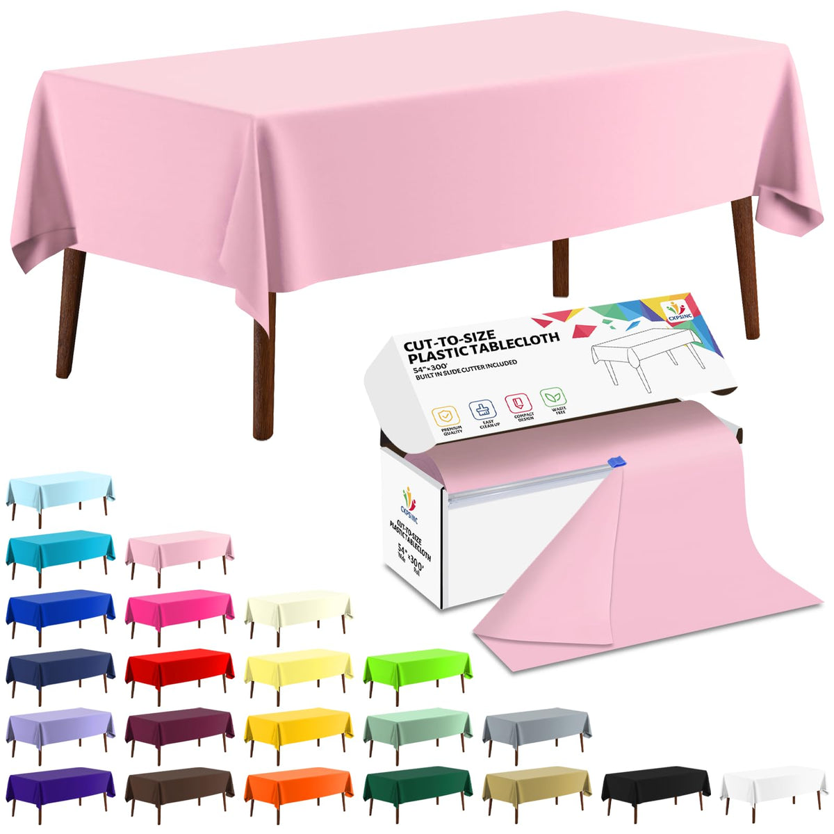 CXPSINC White Plastic Table Cloth Disposable Tablecloth Roll 54 Inch X 300 Feet Plastic Table Cover Roll with Slide Cutter for Picnics, Parties, Banquet, Birthdays, Weddings