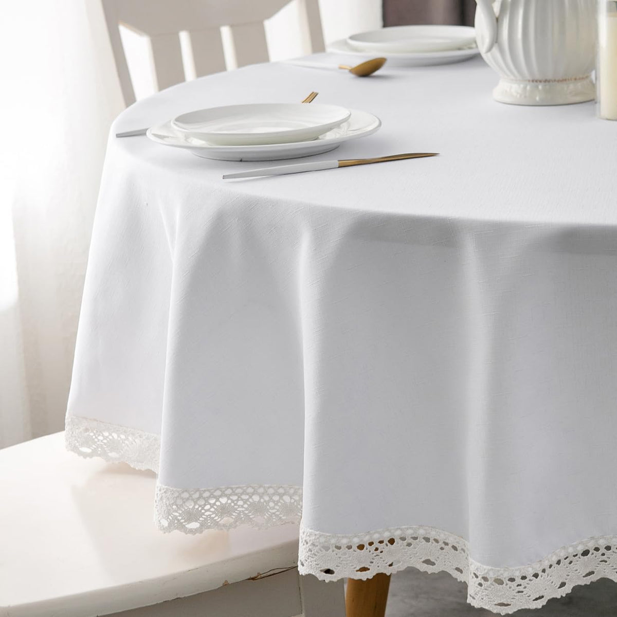EHouseHome Faux Linen Tablecloth with Lace Trim - Waterproof/Spill Proof/Stain Resistant/Wrinkle Free/Oil Proof - for Banquet, Parties, Dinner,Kitchen,Wedding,Coffee,Holiday,Flax,Rectangle 60x84Inch