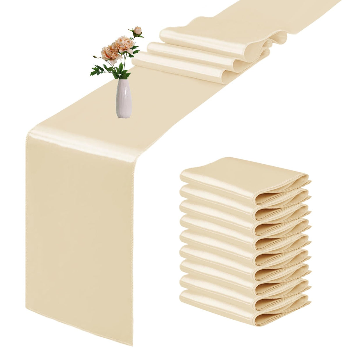 10 Pack Satin Table Runner 12 x 108 Inch Long Light Gold Smooth Silk Fabric Table Runner for Birthday Parties Wedding Banquets Decorations.
