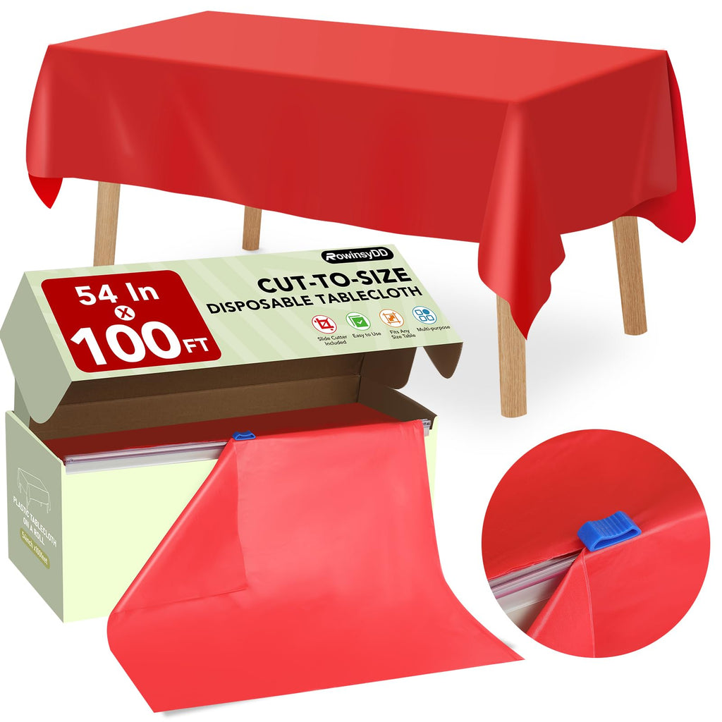RowinsyDD 54 in X 300 FT Red Plastic Table Cover Roll with Slide Cutter