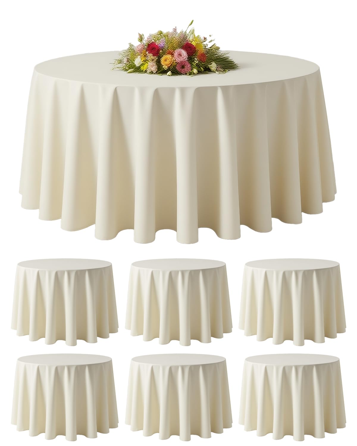 BESTVIP 6 Pack 120" Ivory Round Tablecloths | Fits 48"-78" Tables | Polyester Washable Fabric for Wedding, Party, Buffets,Banquet, Restaurant