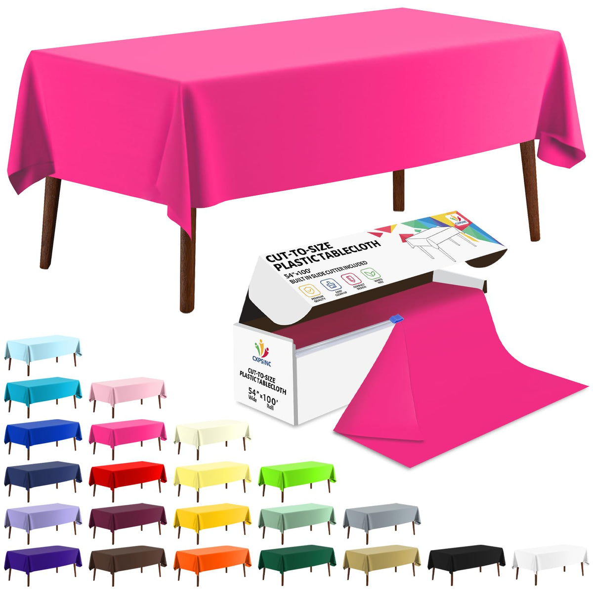 CXPSINC White Plastic Table Cloth Disposable Tablecloth Roll 54 Inch X 300 Feet Plastic Table Cover Roll with Slide Cutter for Picnics, Parties, Banquet, Birthdays, Weddings