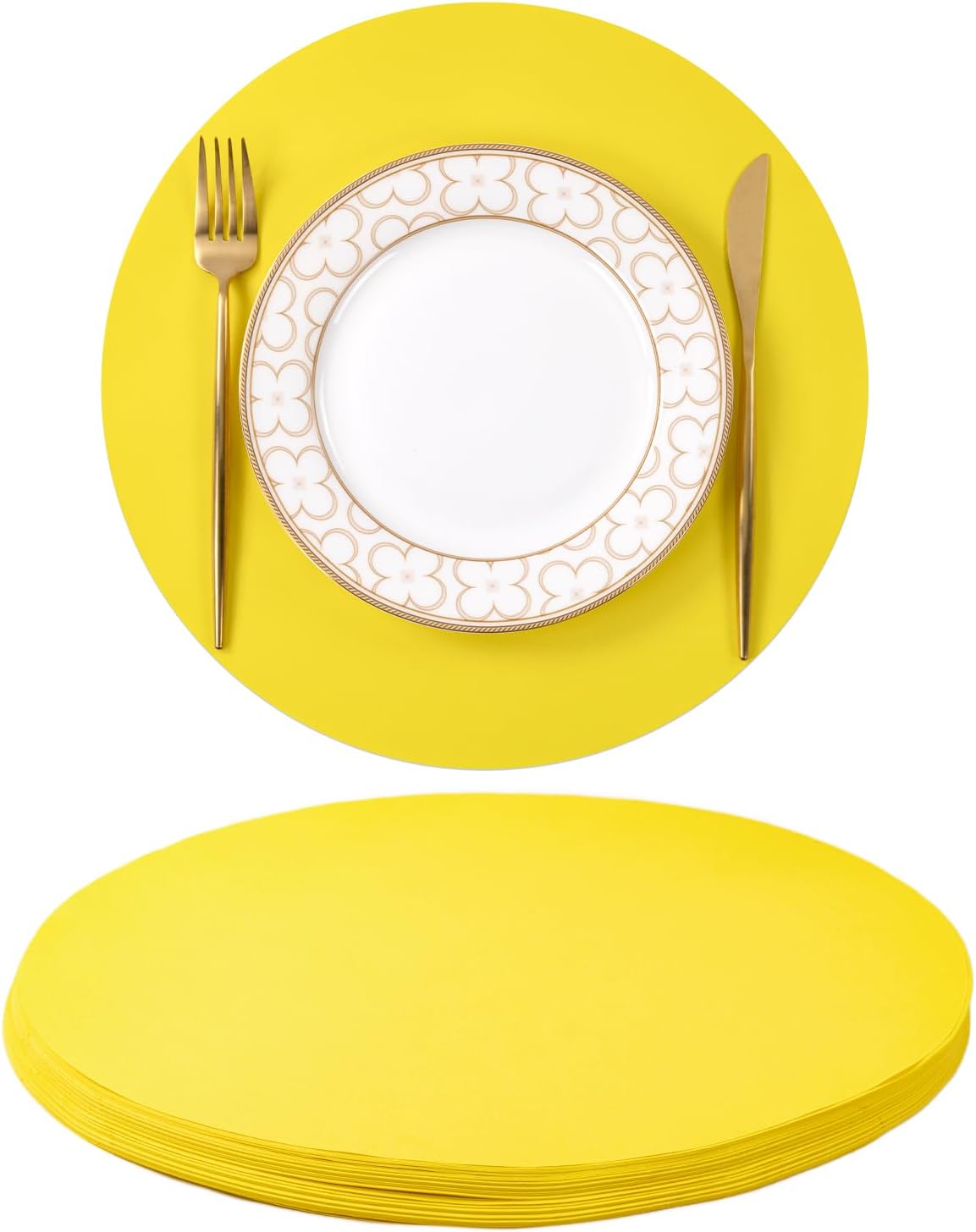 SHACOS 100 pcs Round Paper Placemats Disposable 13 inch Colored Paper Decorative Place Mats for Wedding Birthday Party Bridal Baby Shower Events Table Decoration, Yellow