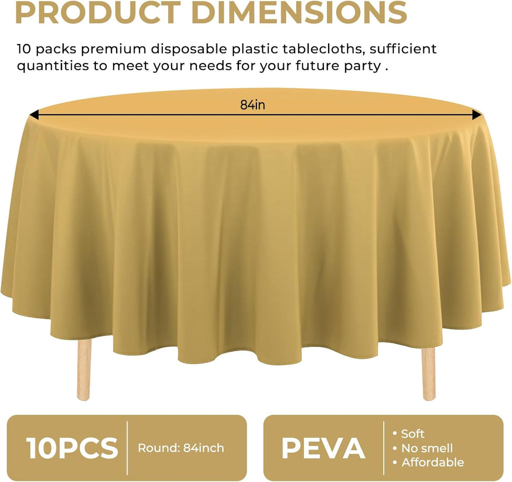 10 Pack Gold Round Tablecloth 84 Inch Round Plastic Table Cloth Disposable Waterproof Table Cover for Wedding Birthday Bridal Shower Party Decorations